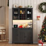 Buffet haut de cuisine - avec led et prises - armoire vitrine rangement - noir - 180 � 105 � 40 cm