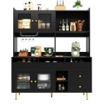 Buffet haut de cuisine portes vitr�es range bouteilles mdf noir 145x39x171 cm