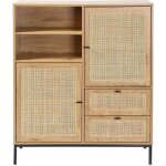 Calicosy - buffet haut avec faades en rotin naturel - l100 x h120 cm - jaya - bois clair