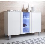 Buffet bahut 3 portes 2 �tag�res vitrine led 120 x 82 x 40 cm couleur blanc finition brillante pieds ...
