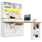 Buffet haut multifonction blanc (137x45x178 cm) - meuble cuisine rangement 2 portes 3 tiroirs bureau ...