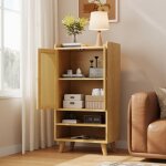 Buffet haut en rotin 60x40x120 cm meuble de rangement bois avec 2 portes ajour�es 2 �tag�res ouvertes ...