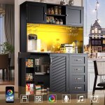 Buffet haut salle � manger de cuisine - meuble vaisselier avec �clairage led - armoire vitrine noir avec ...
