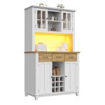 Buffet haut salle � manger - meuble vaisselier cuisine avec �clairage led - armoire vitrine - �tag�re ...