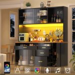 Buffet haut salle � manger - meuble vaisselier cuisine avec �clairage led - armoire vitrine noir - dimensions: ...