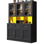 Buffet haut salle � manger - meuble vaisselier cuisine avec �clairage led - armoire vitrine avec d�p�ts ...