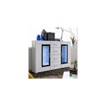 Buffet kroni avec clairage led - 4 tiroirs et 2 portes vitres - blanc mat et brillant - 150 x 82 x 40 ...