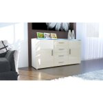 Buffet laqué blanc et crème - 2 portes 4 tiroirs - style contemporain Buffet laqué blanc et crème - 2 portes 4 tiroirs - style contemporain