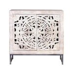 Buffet en manguier - giner y colomer - 2 portes - finition blanchie - pieds en m�tal blanc