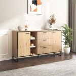 Buffet - meuble de cuisine bois avec 2 portes et 3 tiroirs pieds en m�tal id�al comme garde - manger ...