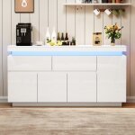 Buffet meuble de rangement blanc 140x35x72. 5cm 4 portes 2 tiroirs laqu� brillant avec �clairage led ...