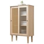 Buffet - meuble de rangement pour salon cuisine salle  manger - portes en rotin et portes coulissantes ...