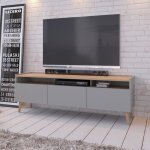 Meuble tv skandi l 150 cm en bois style scandinave - pour tlviseur jusqu 65 - gris avec 3 portes