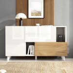 Buffet moderne 130 x 40 x 70 cm blanc brillant et effet bois avec 2 tiroirs 2 portes et rangements