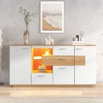 Buffet moderne 160x40x77 rangement led 2 portes 4 tiroirs �tag�re en verre aspect bois meuble de salon ...