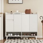 Buffet moderne blanc 4 portes et 1 tiroir meuble d?entr�e / meuble � chaussures avec �tag�re r�glable ...