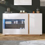 Buffet moderne - blanc brillant - 138 x 385 x 905 cm - portes vitr�es - �clairage led et base effet bois ...