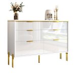 Buffet moderne blanc et dor� 120x40x855cm 6 tiroirs fa�ade laqu�e brillante rangement �l�gant salon