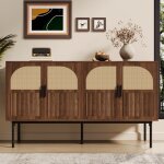 Buffet moderne - modernluxe - 140x40x80 cm - 4 portes - finition rotin - placage noyer - marron - structure ...