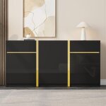 Buffet noir brillant armoire de rangement moderne avec 3 portes et 2 tiroirs pour salon cuisine salle ...