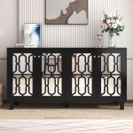 Buffet noir miroir 160 cm avec 4 portes et poign�es cristal �tag�res r�glables meuble moderne salon salle ...