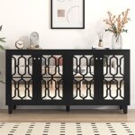 Buffet - noir - 4 portes - miroir avec poignées en cristal - 160 cm - design contemporain Buffet - noir - 4 portes - miroir avec poignées en cristal - 160 cm - design contemporain
