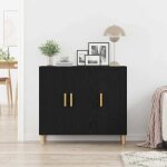 Buffet de rangement en bois ding�nierie - meublechic - ch�ne noir - 90x34x80 cm - 3 portes - pieds coniques ...