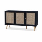 Buffet de rangement en cannage. noir 120x39x70cm - bohme - 2 niveaux. 3 portes. pieds scandinaves. buffet ...