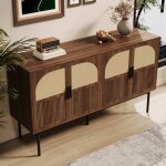 Buffet en rotin 140 x 40 x 80 cm meuble de rangement salon / entr�e mdf d�cor noyer et rotin naturel ...
