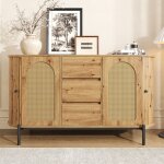 Buffet en rotin avec 2 portes coulissantes 3 tiroirs et �tag�res r�glables buffet bas de salon 140x38x77. ...