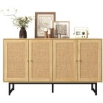 Buffet en rotin v�ritable - 140 x 395 x 80 cm - 4 portes aspect bois pieds noirs mat et poign�es dor�es ...