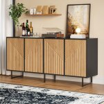 Buffet de salle � manger 4 portes - bois et noir - sideboard de salon moderne rainur�e 160 x 40 x 75 ...