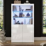 Buffet de salon 100x35x170cm meuble de rangement laqu� brillant vitrine avec led plateau en verre tremp� ...