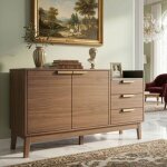 Buffet salon 120 x 40 x 77 cm commode avec 3 tiroirs et double porte �tag�res r�glables pieds en bois ...