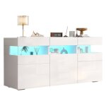 Buffet de salon 140 cm blanc laqu� brillant 3 portes7 �tag�res structure acrylique transparent avec �clairage ...