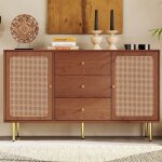Buffet de salon 150 x 40 x 90 cm commode 2 portes 3 tiroirs rotin avec �tag�re r�glable pieds m�tal pour ...