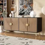 Buffet de salon 160 x 40 x 75 cm bois et noir avec 4 portes poign�es dor�es bross�es et pieds m�tal bahut ...