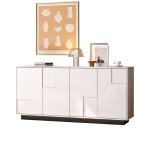 Buffet de salon 4 portes blanc et noir laqu� brillant 160 cm commode g�om�trique grand rangement 160 ...