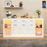 Buffet salon blanc laqu� 160 � 40 � 75 cm avec led 3 tiroirs 4 niche de rangement verre �tag�res buffet ...