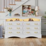 Buffet salon blanc avec led vaisselier commode avec 6 tiroirs rangement semi - ouvert poign�es dor�es120x40x70 ...