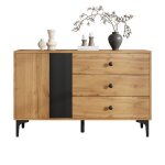 Buffet de salon - bois et noir - 3 tiroirs - 120 x 35 x 76 cm - meuble de rangement avec pieds m�talliques ...