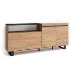 Buffet, bahut, enfilade, 200x35x87cm, 4 portes, chne et noir, rf2309