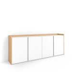 Buffet salon et cuisine meuble de rangement commode 207x35x80cm 4 portes blanc et ch�ne soft rf4535