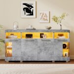 Merax meuble rangement - gris ciment - avec 4 portes dont 2 en verre tremp� - buffet de salon - �clairage ...