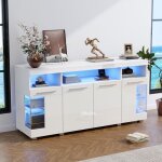 Buffet de salon - blanc brillant - merax - 4 portes dont 2 en verre tremp� - meuble rangement led - 140 ...