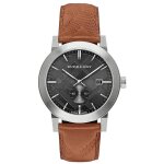 Burberry city homme 42mm bracelet cuir marron quartz cadran gris montre bu9905