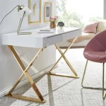 Bureau 2 tiroirs 118x57x76 cm blanc et pieds dor�s