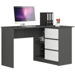 Bureau akord dangle droit b16 gris graphite 124 cm 3 tiroirs fa�ade blanche 2 �tag�res 124x85x77 cm