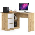 Bureau akord dangle gauche b16 ch�ne artisan 124 cm 3 tiroirs fa�ade blanche 2 �tag�res 124x85x77 cm