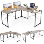 Costway bureau dangle - 150 x 150 x 74 cm - ajustable  bureau droit grand table pour 2 personnes gris ...